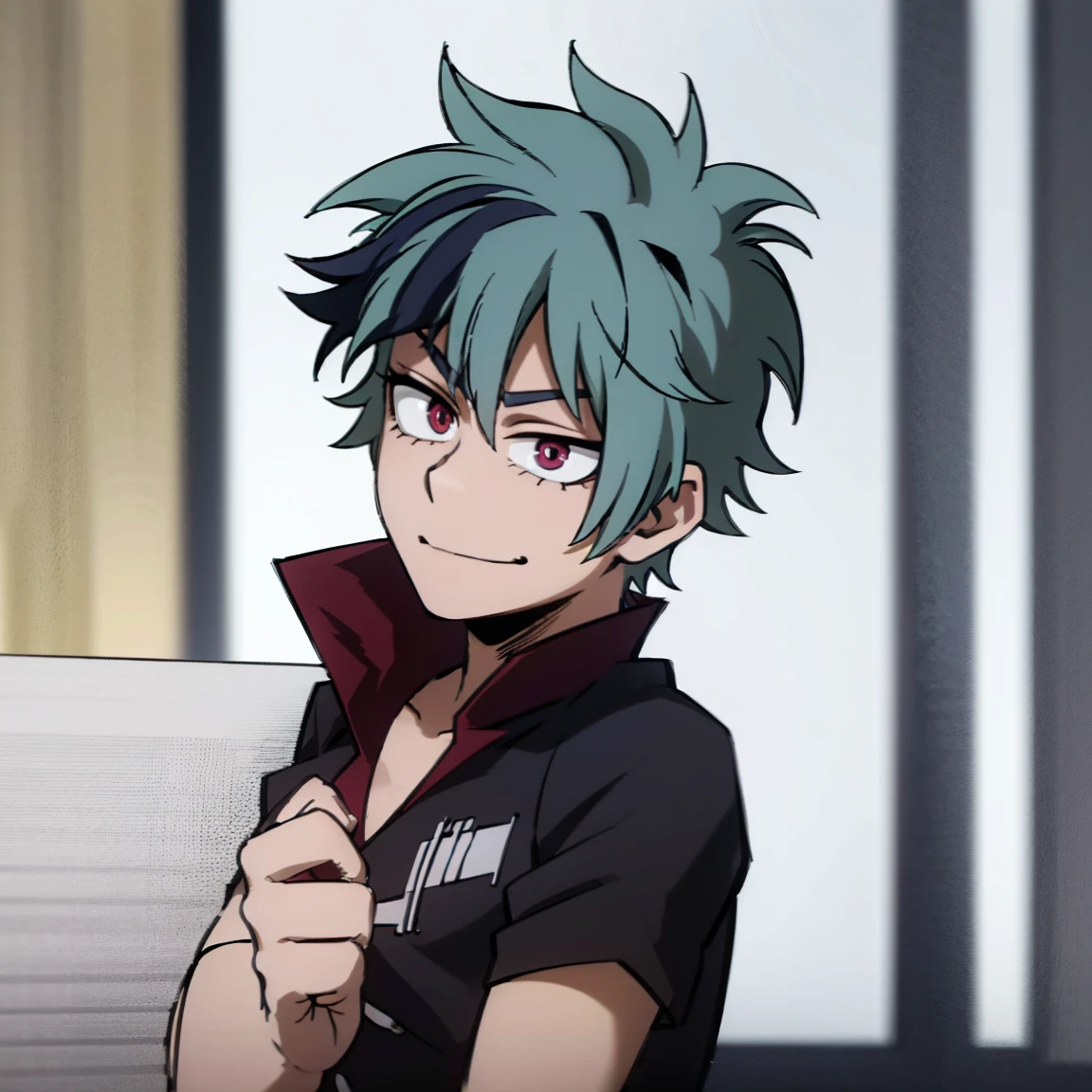 1boy, male focus, boku no hero academia, masterpiece, best quality, very aesthetic, absurdres, spiky hair, blue hair, pink eyes, smirk, hero costume