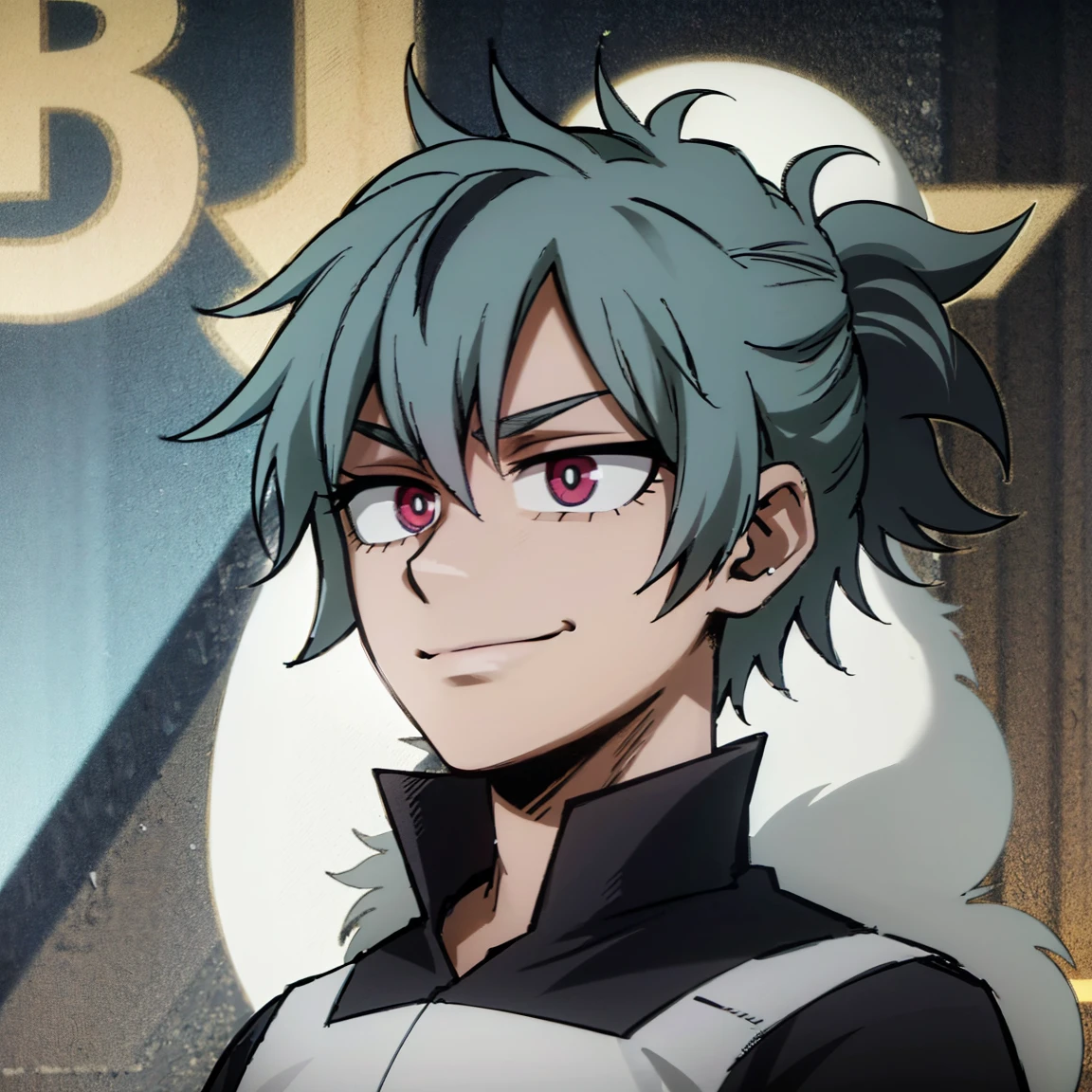1boy, male focus, boku no hero academia, masterpiece, best quality, very aesthetic, absurdres, spiky hair, blue hair, pink eyes, smirk, hero costume