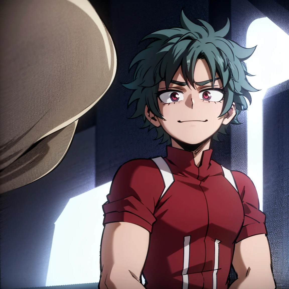1boy, male focus, boku no hero academia, masterpiece, best quality, very aesthetic, absurdres, spiky hair, blue hair, pink eyes, smirk, hero costume