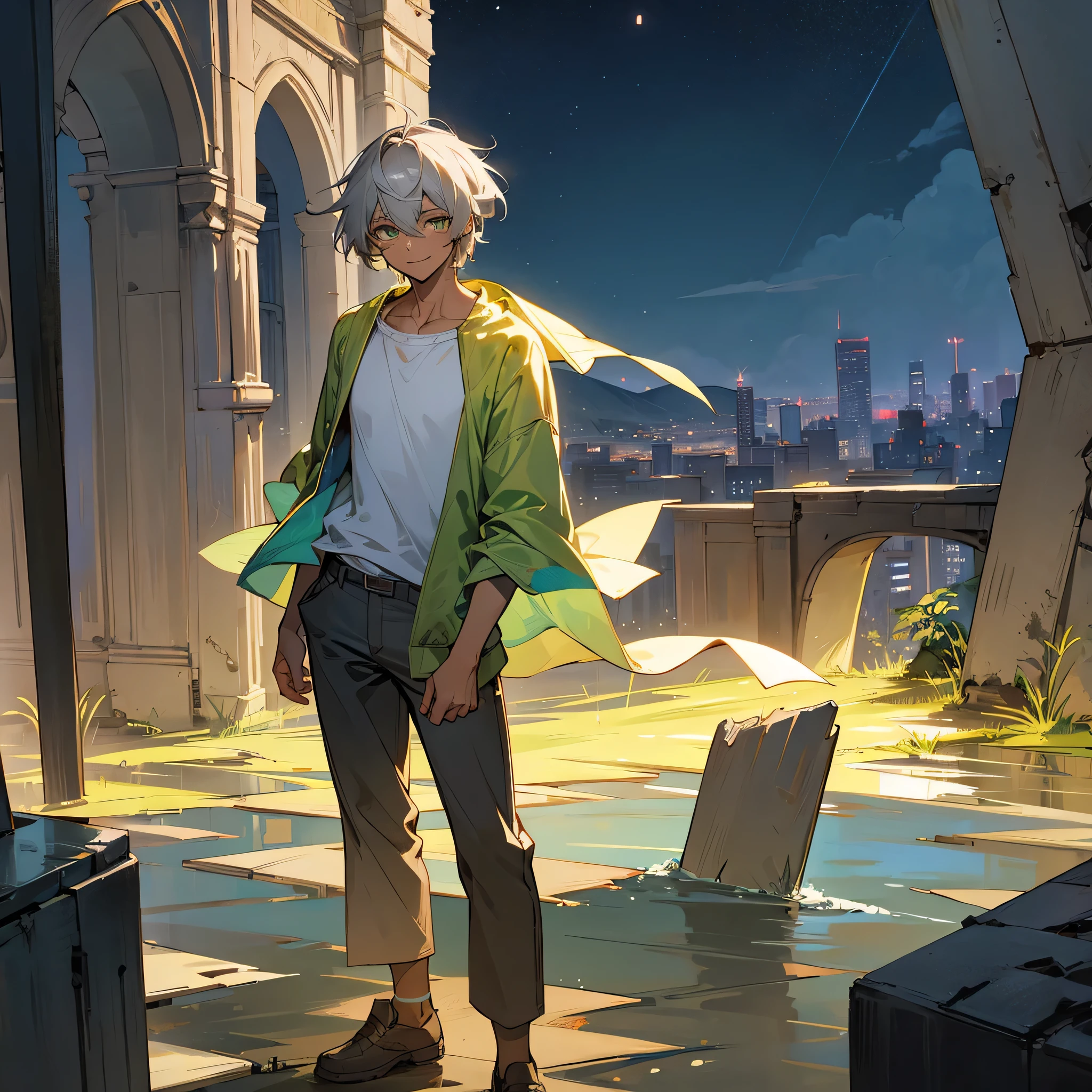 1male, adult, tan skin, finely detailed emerald eyes, straight medium hair, grey hair, casual clothing, standing on ruined building, night time, happy expression