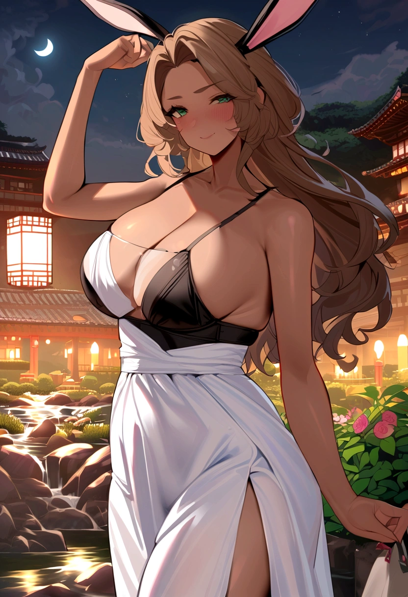 ((masterpiece)), ((best quality)), (ultra-detailed), ((extremely detailed)), 4K, (8K), best quality, (beautiful), A pretty woman with a dark skin, solo, (dark skin:0.8) ,beautiful light brown hair, light brown skin, beautiful green eyes, ((beautiful eyes)), triumphant look, smug look, self-satisfied look ,Masterpiece、White dress、Highest quality、brown Bunny ears、Tanned woman with big 、light brown hair color, forehead  Long curlyWavy Hair、White shirt、Black Bra、Black panties、Hot spring inn、a bright moon shines over beautiful scenery of garden and river in night time, moon, architecture, tree, east asian architecture, full moon, scenery, night, cloud, sky、Lots of rabbits 