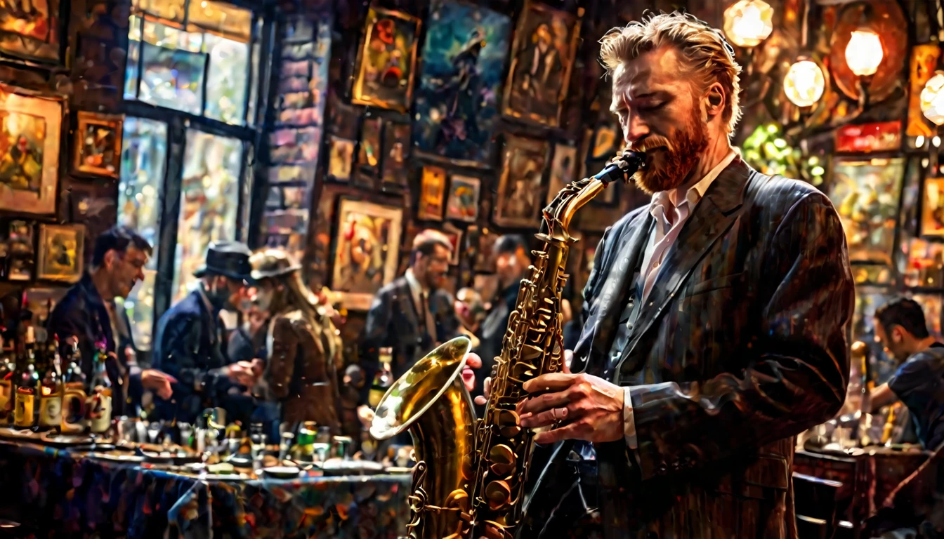 1 young man、playing saxophone、Smiling face、jazz guitar player、deep shadows、Oil painting style、jazz bar background、 dramatic lighting, extremely realistic, 8k,
insane details, intricate, bokeh, taken with a 60mm lens, ISO 300, f/4, 1/200th,
vivid colors, by Pino Daeni, Vincent van Gogh, Luis Royo, Frank Frazetta