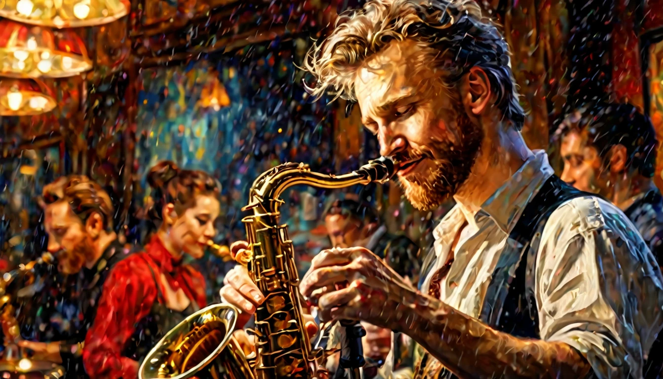 1 young man、playing saxophone、Smiling face、jazz guitar player、deep shadows、Oil painting style、jazz bar background、 dramatic lighting, extremely realistic, 8k,
insane details, intricate, bokeh, taken with a 60mm lens, ISO 300, f/4, 1/200th,
vivid colors, by Pino Daeni, Vincent van Gogh, Luis Royo, Frank Frazetta