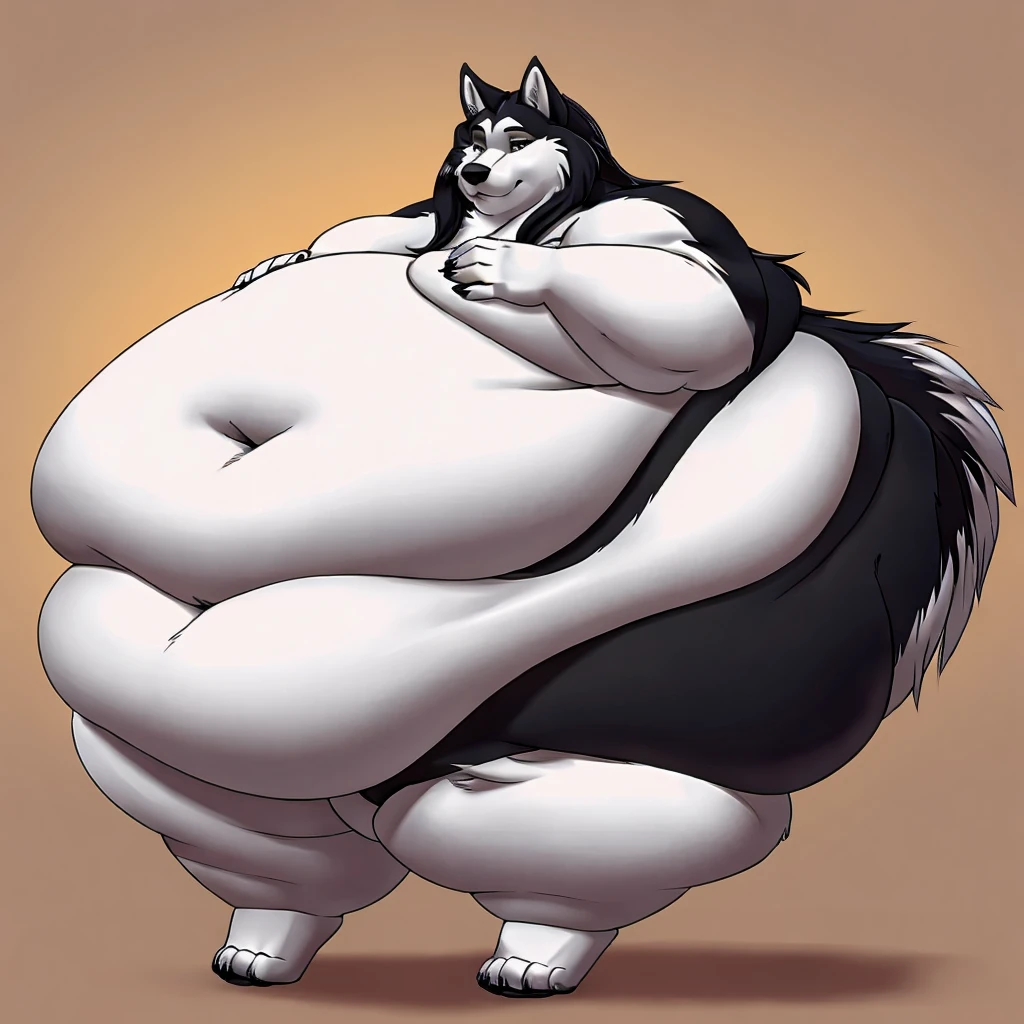 Malamute, female, long hair, black and white fur, morbidly obese, fat arms, fat legs, belly rolls,big belly, gorgeous, beautiful, eyelashes, voluptuous, plump 