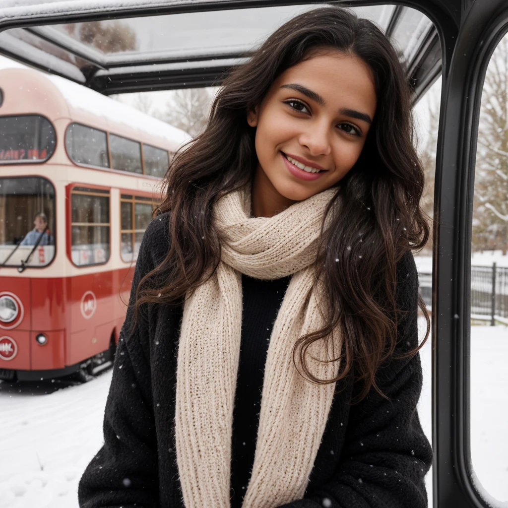 Young Malagasy woman with Indian features, shy and charming, long black hair, slightly curly, beautiful eyes and eyebrows, 22 years old, oval and natural and innocent face, slightly curly hair, average height body with immense curve, extremely beautiful and perfectly fitted, very beautiful body of 1.85m, student, relaxed photos. She is warmly dressed in an elegant sweater, a cozy coat and a trendy scarf. His smile radiates warmth and his eyes sparkle with joy. The snow falls gently around it, creating a magical and serene atmosphere. Photo taken in England in front of a routemaster. The image should be captured in high quality, high resolution, with extremely detailed background. The woman's skin should have pores and imperfections, which adds to the realism and authenticity of the photo. The lighting should be soft and flattering, highlighting the beauty of the woman and the snowy landscape. The photo should have a cinematic feel, with a sense of depth, dimension and composition.