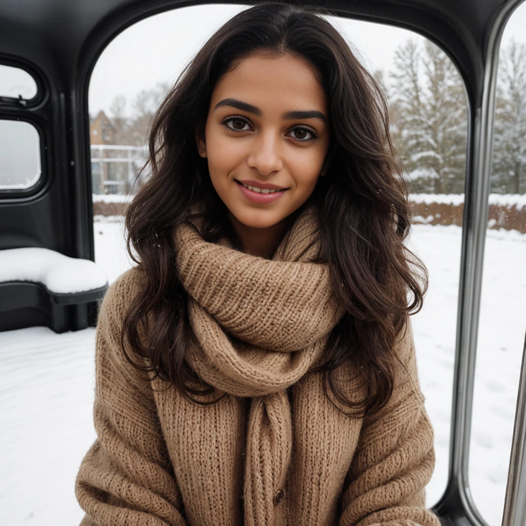 Young Malagasy woman with Indian features, shy and charming, long black hair, slightly curly, beautiful eyes and eyebrows, 22 years old, oval and natural and innocent face, slightly curly hair, average height body with immense curve, extremely beautiful and perfectly fitted, very beautiful body of 1.85m, student, relaxed photos. She is warmly dressed in an elegant sweater, a cozy coat and a trendy scarf. His smile radiates warmth and his eyes sparkle with joy. The snow falls gently around it, creating a magical and serene atmosphere. Photo taken in England in front of a routemaster. The image should be captured in high quality, high resolution, with extremely detailed background. The woman's skin should have pores and imperfections, which adds to the realism and authenticity of the photo. The lighting should be soft and flattering, highlighting the beauty of the woman and the snowy landscape. The photo should have a cinematic feel, with a sense of depth, dimension and composition.