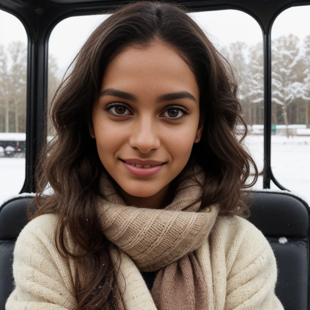 Young Malagasy woman with Indian features, shy and charming, long black hair, slightly curly, beautiful eyes and eyebrows, 22 years old, oval and natural and innocent face, slightly curly hair, average height body with immense curve, extremely beautiful and perfectly fitted, very beautiful body of 1.85m, student, relaxed photos. She is warmly dressed in an elegant sweater, a cozy coat and a trendy scarf. His smile radiates warmth and his eyes sparkle with joy. The snow falls gently around it, creating a magical and serene atmosphere. Photo taken in England in front of a routemaster. The image should be captured in high quality, high resolution, with extremely detailed background. The woman's skin should have pores and imperfections, which adds to the realism and authenticity of the photo. The lighting should be soft and flattering, highlighting the beauty of the woman and the snowy landscape. The photo should have a cinematic feel, with a sense of depth, dimension and composition.
