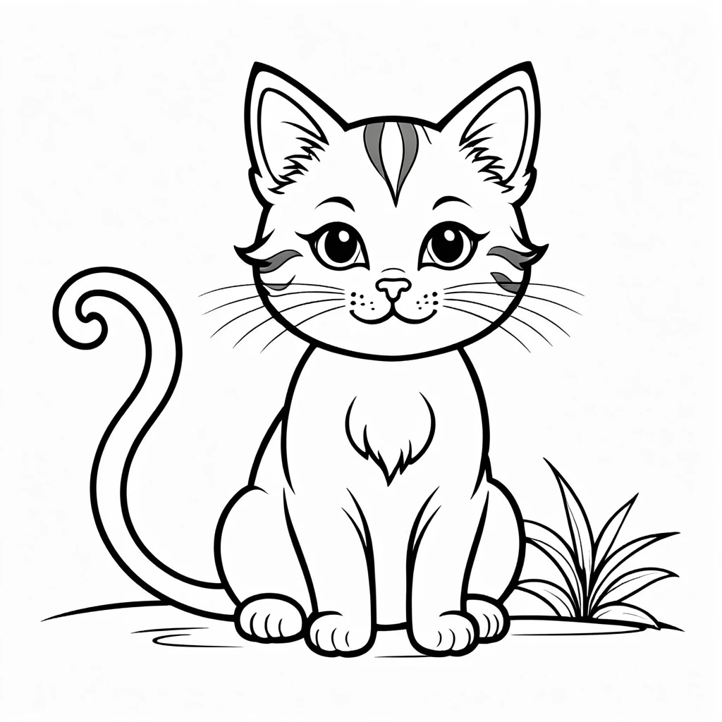 a cute cat, coloring page for kids, simple outline art, white page background