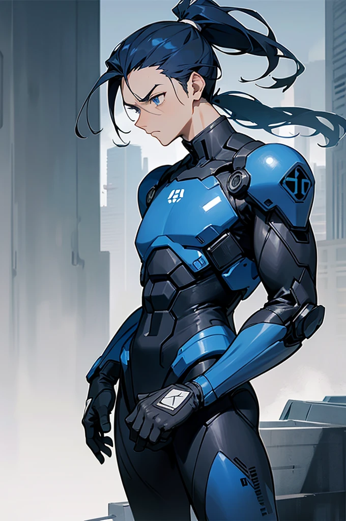 1male, man, dark blue hair, short man ponytail, scruffed hair, deep blue eyes, expressionless, black and white combat suit, city background, detailed background, hands to side, standing on path