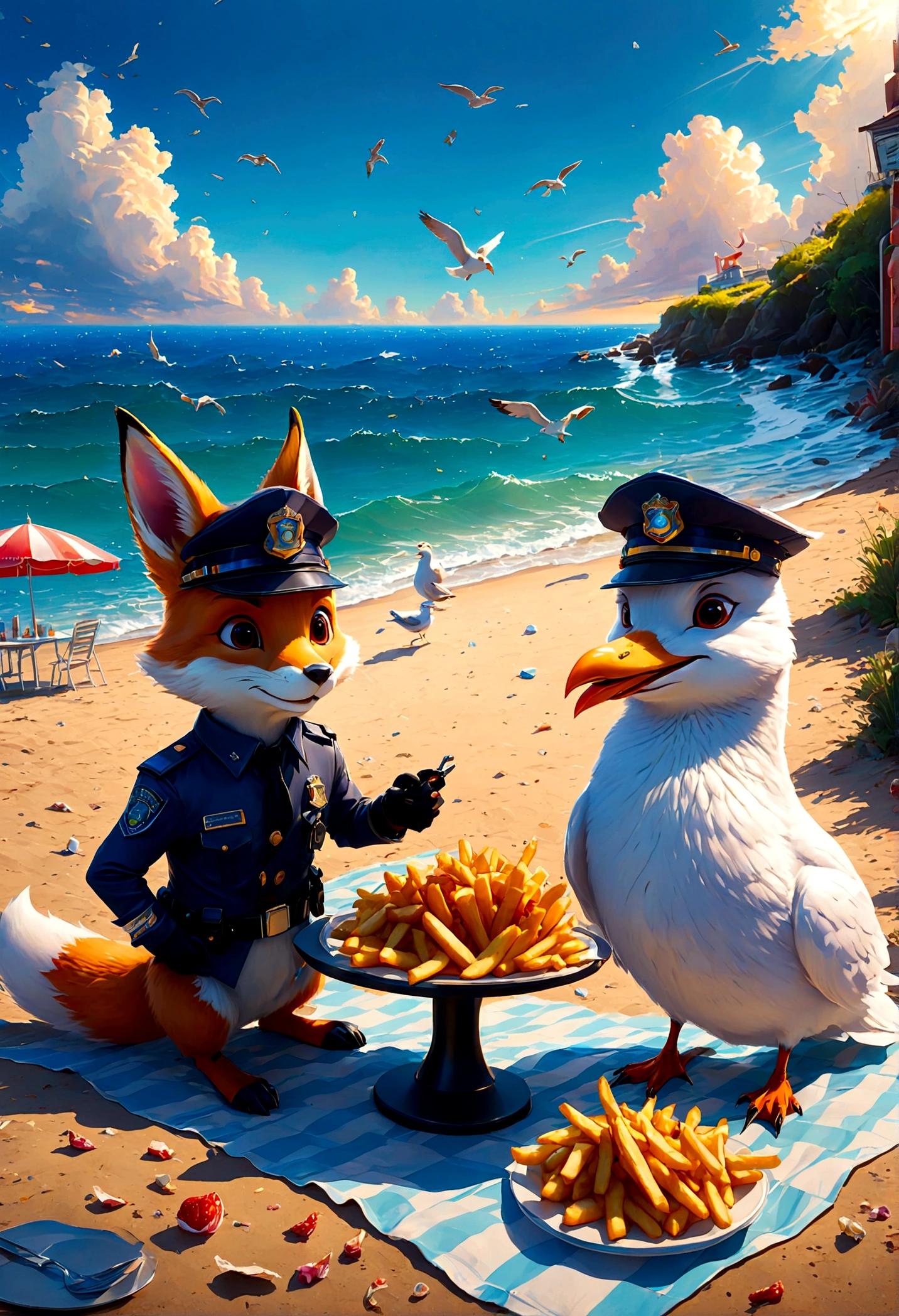 anime style, male fox and female Rabbit from "Zootopia", cute Rabbit wear police hat, have Fries lunch picnic by the sea, (a Seagull Unexpected break-in:1.2), anime screenshot, source_anime, dramatic composition, cinematic dynamic action scene, vibrant colors, cinematic lighting, dramatic lighting, best quality, masterpiece, very aesthetic, perfect composition, intricate details, ultra-detailed