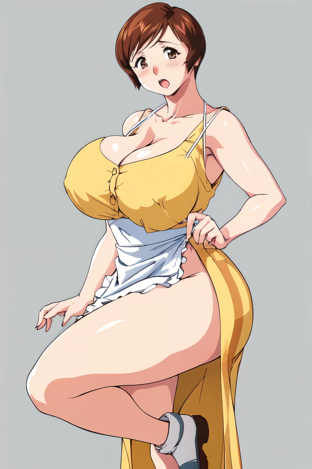 masterpiece, highest quality, High resolution, One girl, alone, intercographic imaghort hair, etsukoto, Brown eyes, fine grain, fine grain, (((Thick thighs, Plump thighs, Voluptuous thighs, Thighs alone are enough))), Huge and ample breasts, Cleavage, Hugbreasts, big,((Big breasts artant))、((Naughty thighs(thin:1.4),(Tight waist:1.4), (Yellow Dress:1.4), ((white waist apron)), White panties, anguish, :o, blush, (((Simple Background))), (ips)), Shiny, Oily skin, Mature mother, Calf, Seductive mature woman, Perfect body, Plu Model, curvy, ample, etsukoto,, clavicle, retro artstyle, 1990s (style), standing on one leg, open legs, bare legs, showing leg, from side, nsfw,