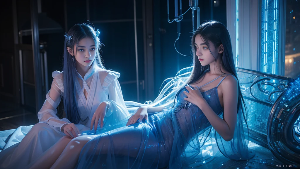 Full figure, seven -clinging shooting, 18 years old, wearing transparent science fiction clothes, exquisite faces, details, hands, ultimate details, amazing magnificence, LED internal lighting, Pedaipan style, fiber hair, glowing blue iris, glowing blue iris, sitting,