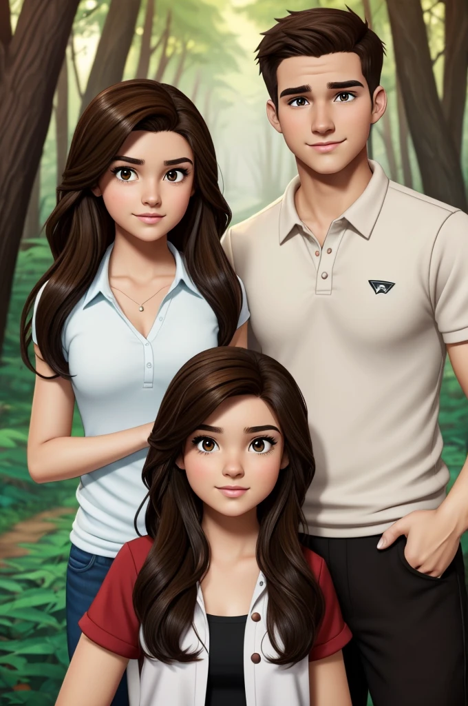 disney gravity falls type animated characters of a 20 year old girl with brown hair, long and brown eyes, cejas gruesas, white skin and a 20-year-old boy with black hair and brown eyes and white skin, enamorados 