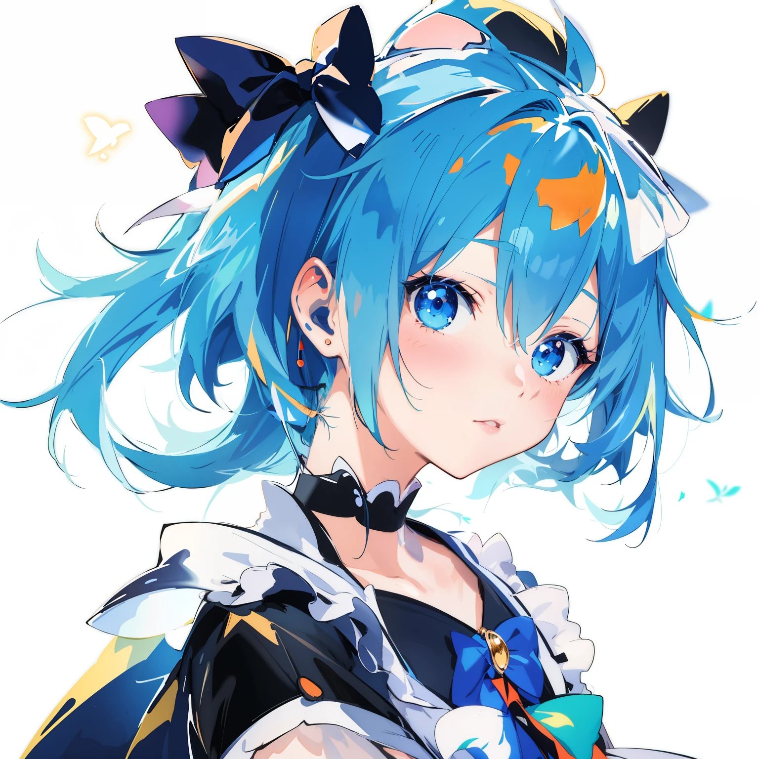 anime girl with orange hair and green bow in front of blue sky, anime style 4 k, rem rezero, portrait of an anime girl, portrait anime girl, cute anime girl portraits, anime art wallpaper 8 k, anime girl with teal hair, portrait of cute anime girl, beautiful anime portrait、Earrings