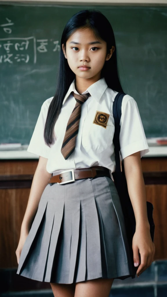 1970s era, 1970s hairstyles and fashion style, shot on 35mm film, An extreme low angle captivating photograph taken from the ground level below of a 16 year old asian high school girl, with perfect face and perfect body, posing indoor from behind her classroom's window. With her long, tied-back hair flowing gracefully, she dons a humble uniform, white short sleeves shirt with brown badge on the left pocket, grey pleated skirt and thin black belt, and a black school bag, she gazes intently at the camera, exuding an enigmatic aura. She is looking directly unto the camera with lost look and a slight smile, with film grain, muted colors, cinematic lighting, professional high definition photography style ,fotorrealista