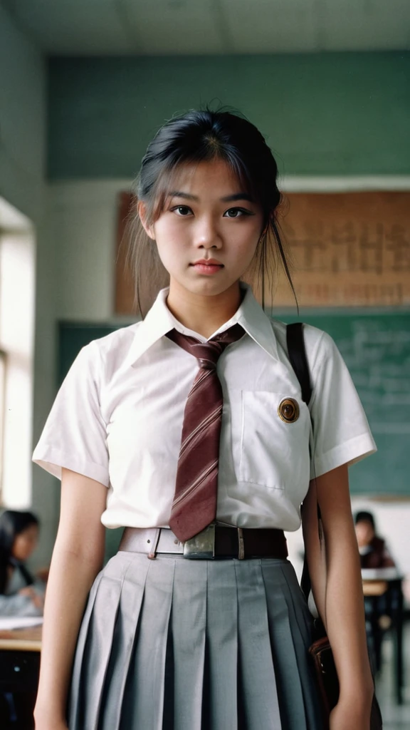 1970s era, 1970s hairstyles and fashion style, shot on 35mm film, An extreme low angle captivating photograph taken from the ground level below of a 16 year old asian high school girl, with perfect face and perfect body, posing indoor from behind her classroom's window. With her long, tied-back hair flowing gracefully, she dons a humble uniform, white short sleeves shirt with brown badge on the left pocket, grey pleated skirt and thin black belt, and a black school bag, she gazes intently at the camera, exuding an enigmatic aura. She is looking directly unto the camera with lost look and a slight smile, with film grain, muted colors, cinematic lighting, professional high definition photography style ,fotorrealista