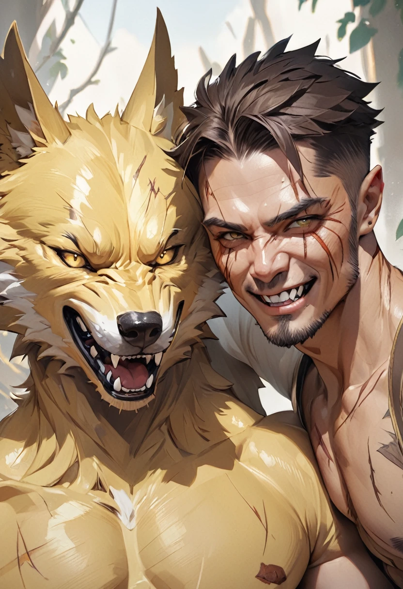 masterpiece, Best quality, A high resolution, fantasy, adult man person, shows sharp fangs and grins, brunette with short hair and shaved temples, with wolf brown ears, with scars on the body and face, with yellow wolf eyes