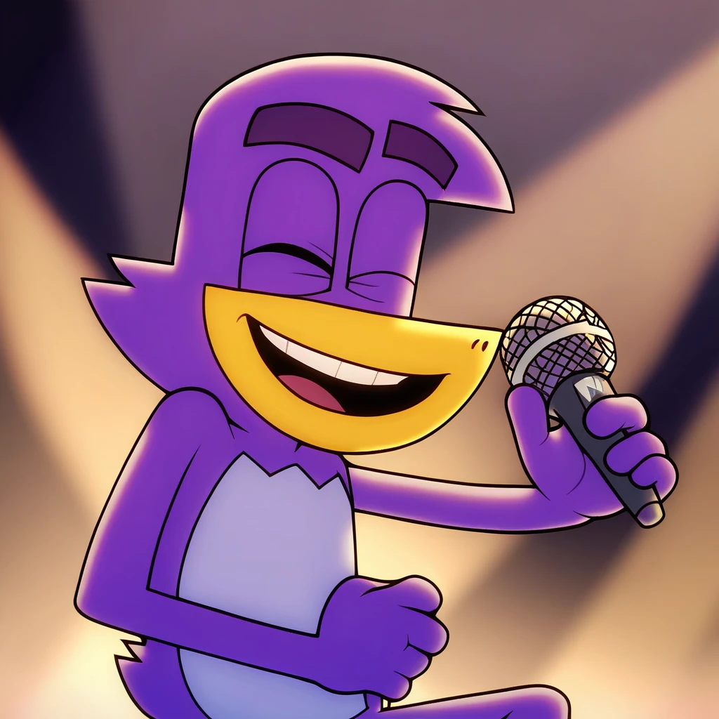 badmascot, solo, 1boy, holding, smile, smiling, singing, pokemon (creature), happy, microphone, mascot, full-size, dark background score_9, score_8_up, score_7_up, score_6_up, score_5_up, score_4_up, eyes open