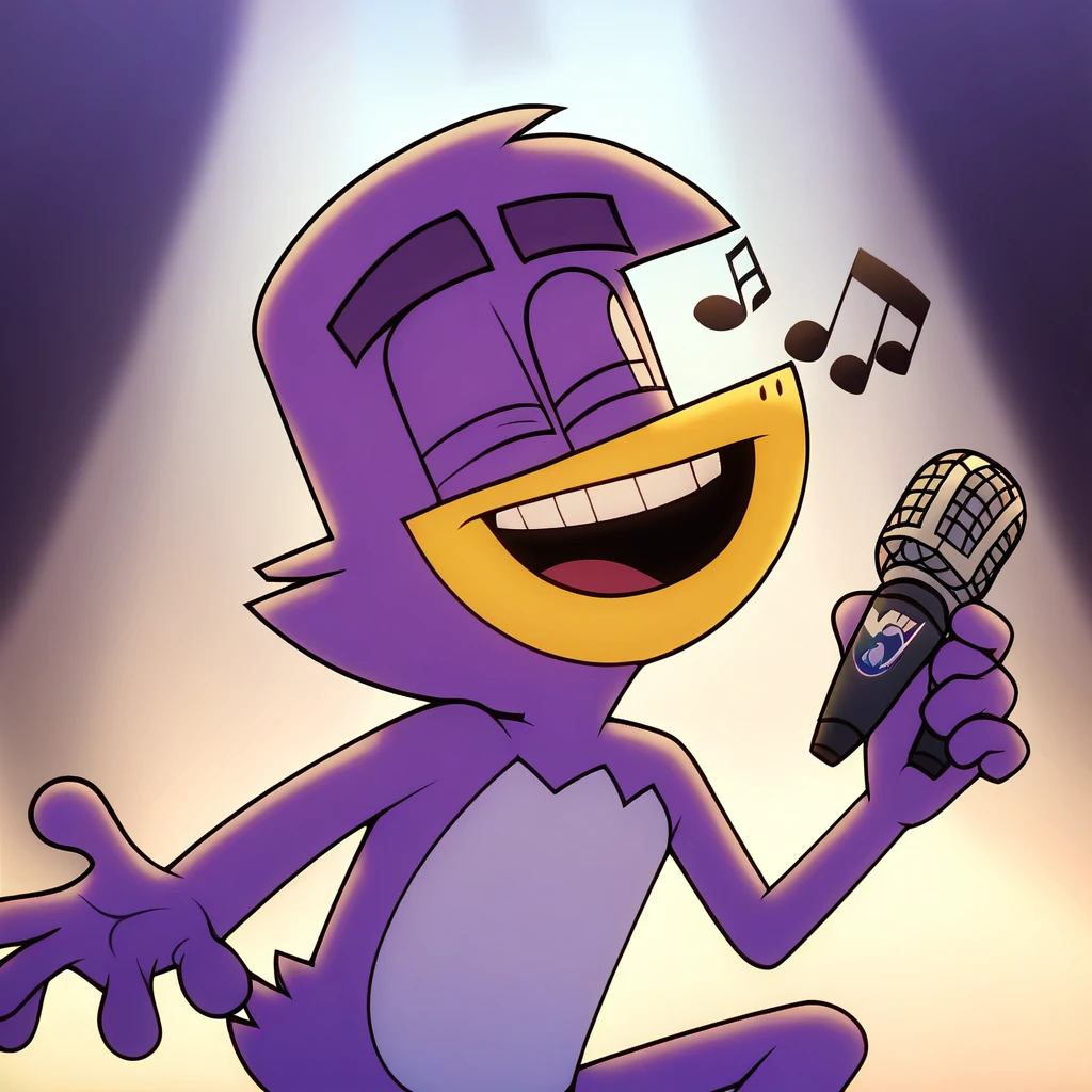badmascot, solo, 1boy, holding, smile, smiling, singing, pokemon (creature), happy, microphone, mascot, full-size, dark background score_9, score_8_up, score_7_up, score_6_up, score_5_up, score_4_up, eyes open