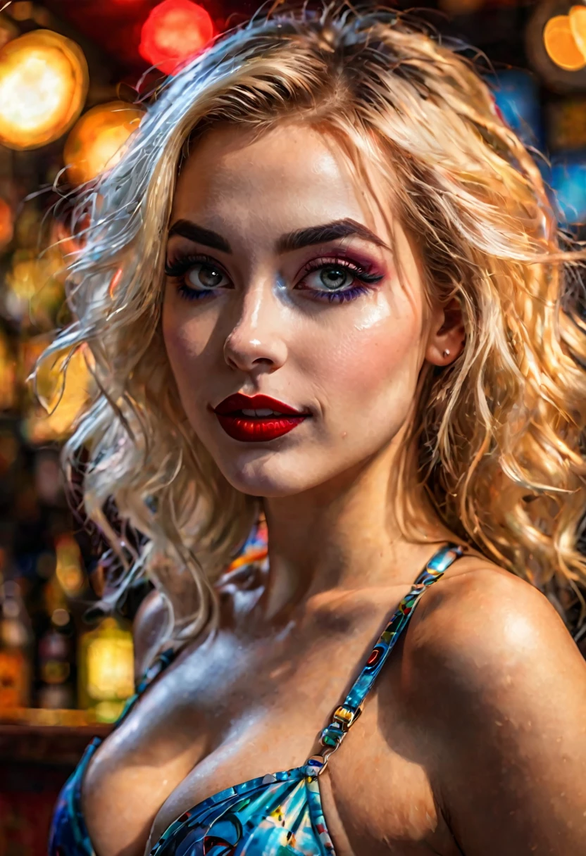ung woman, blonde, transparent bikini, harley quinn, god, happy face, deep shadows, oil painting style, jazz bar background, dramatic lighting, (best quality,4k,8k,highres,masterpiece:1.2),ultra-detailed,(realistic,photorealistic,photo-realistic:1.37), vibrant colors, crazy details, wheel within wheel, bokeh, shot with a 60mm lens, iso 300, f/4, 1/200th, pino deheny, vincent van gogh, luis royo, frank frazetta, hot dance, beautiful detailed eyes, beautiful detailed lips, extremely detailed eyes and face, long eyelashes