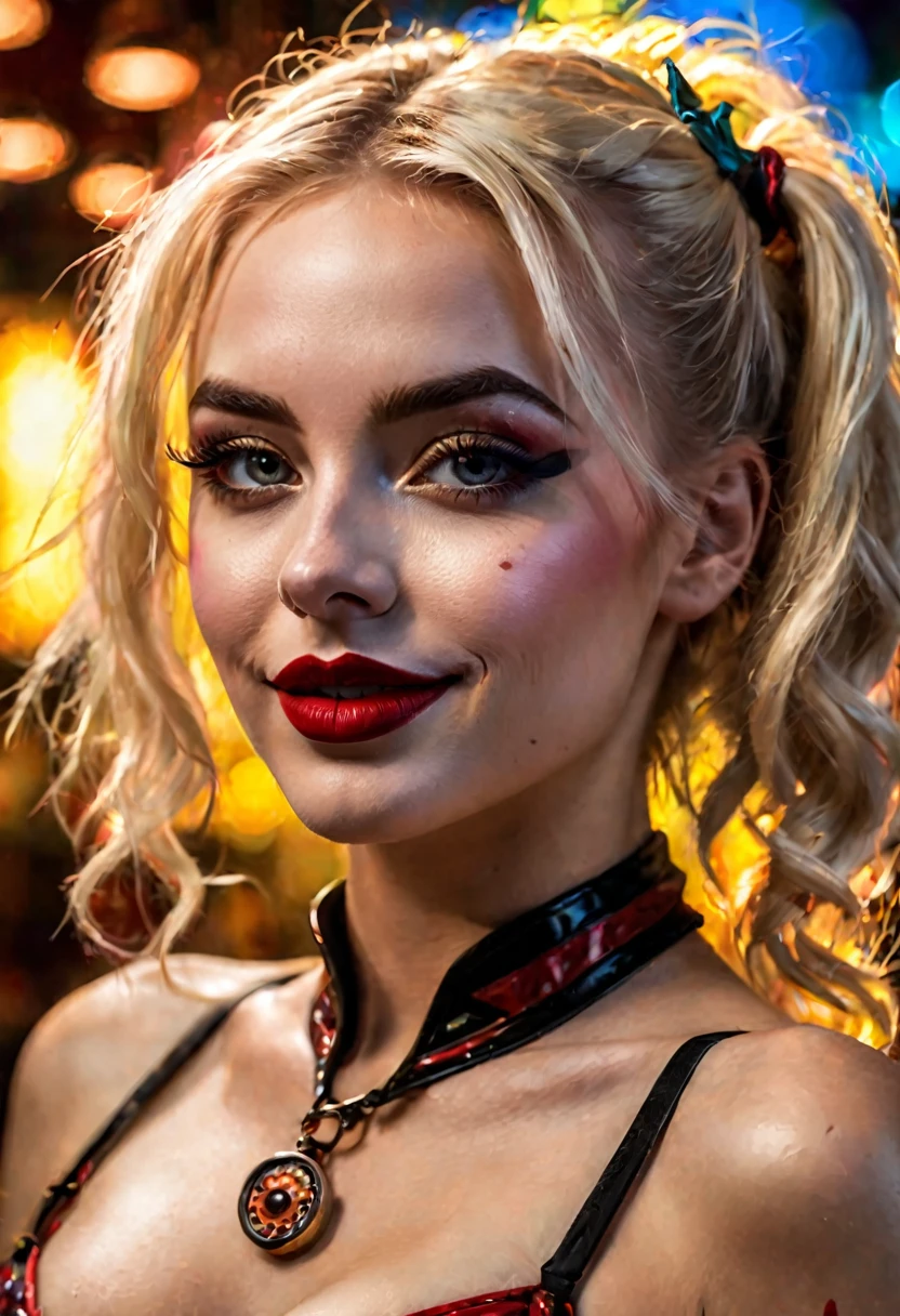 1 young woman, blonde, transparent bikini, harley quinn, god, happy face, deep shadows, oil painting style, jazz bar background, dramatic lighting, (best quality,4k,8k,highres,masterpiece:1.2),ultra-detailed,(realistic,photorealistic,photo-realistic:1.37), vibrant colors, crazy details, wheel within wheel, bokeh, shot with a 60mm lens, iso 300, f/4, 1/200th, pino deheny, vincent van gogh, luis royo, frank frazetta, hot dance, beautiful detailed eyes, beautiful detailed lips, extremely detailed eyes and face, long eyelashes