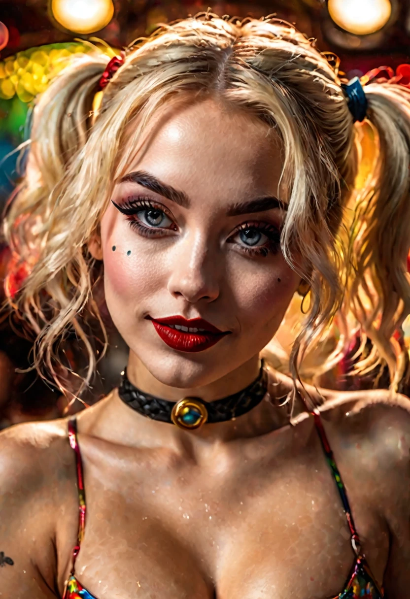 1 young woman, blonde, transparent bikini, harley quinn, god, happy face, deep shadows, oil painting style, jazz bar background, dramatic lighting, (best quality,4k,8k,highres,masterpiece:1.2),ultra-detailed,(realistic,photorealistic,photo-realistic:1.37), vibrant colors, crazy details, wheel within wheel, bokeh, shot with a 60mm lens, iso 300, f/4, 1/200th, pino deheny, vincent van gogh, luis royo, frank frazetta, hot dance, beautiful detailed eyes, beautiful detailed lips, extremely detailed eyes and face, long eyelashes