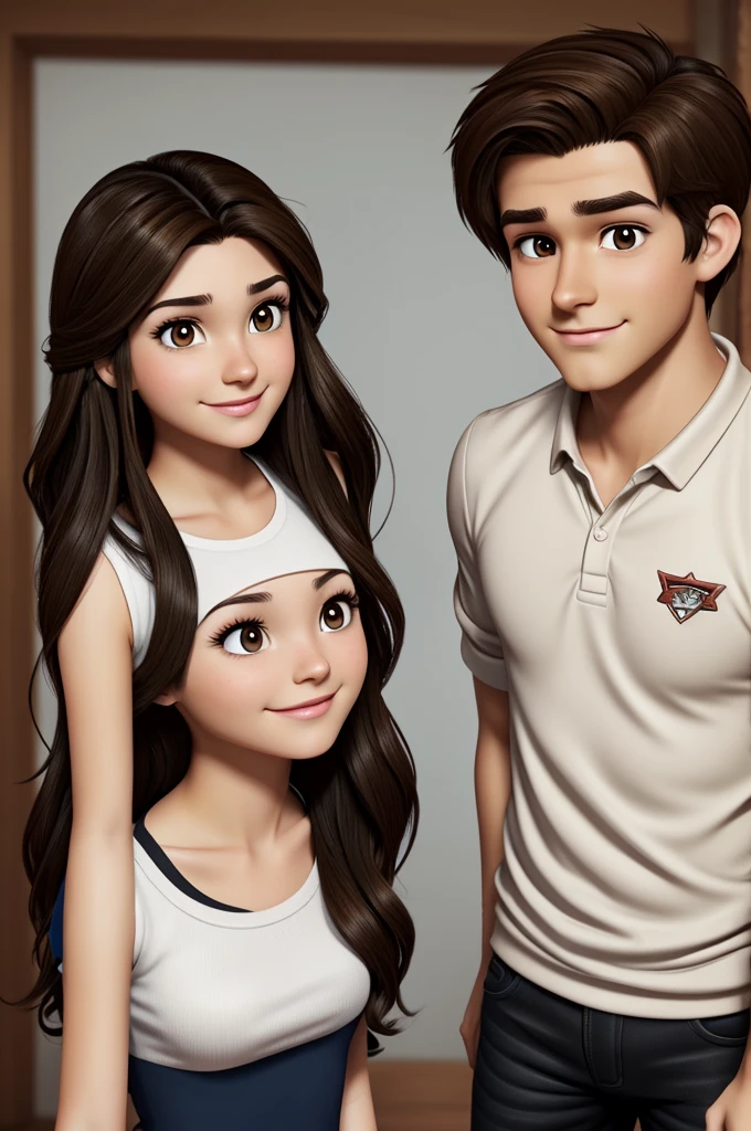 disney gravity falls type animated character of a 20 year old girl with brown hair, long and brown eyes, cejas gruesas, white skin and a 20-year-old boy with black hair and brown eyes and white skin, enamorados