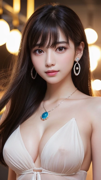 (((????))),(((Hairy pubic hair)))、(8k, RAW Photos, Highest quality, masterpiece: 1.2), Very detailed, Super Resolution, (Genuine, Genuine photos: 1.37), Portraiture, High-quality RAW color photos, Professional photos, Very detailedで美新しい, Very detailed, 8k wallpaper, Amazing details, Large file size, Official Art, Very detailed CG Unity 8k wallpaper, Very detailed beautiful girls, Very detailed facesHighly detailed eyes, Very fine skin, Very detailed fingers, Very small nose, Very detailed detailed mouth, Perfect ???????, Detailed Background,20th generation, cute girl, Genuineistic body,  White skin, Glowing Skin,  (Blunt bangs: 1.2), smile, cute, cute face, Genuineistic face, Delicate eyes, Saggy eyes,  Earrings, necklace、Looking into the camera, Dynamic Lighting, (Gorgeous nightclub background１.2)、(Dynamic ???? Pose 1.2)