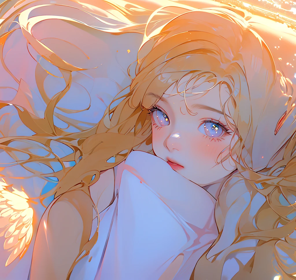 (High quality) (best quality) (A woman) (correct physiognomy) woman, long blonde hair with bangs on her forehead, four small angel wings emerge from her head, two on the left side and two on the right side, two wings of angel emerging from her back, a golden halo behind her head, golden eyes, sensitive lips, feminine appearance, soft facial features, thin eyebrows, soft skin, slightly blushed cheeks, pink lips, silky eyelashes, dreamy expression, middle age , white dress with straps on the shoulders, skirt cut diagonally leaving one leg exposed, location of the photo the woman must be in the middle of the forest, photo illuminated by sunlight, full body proportion, showing in the photo the body from head to torso