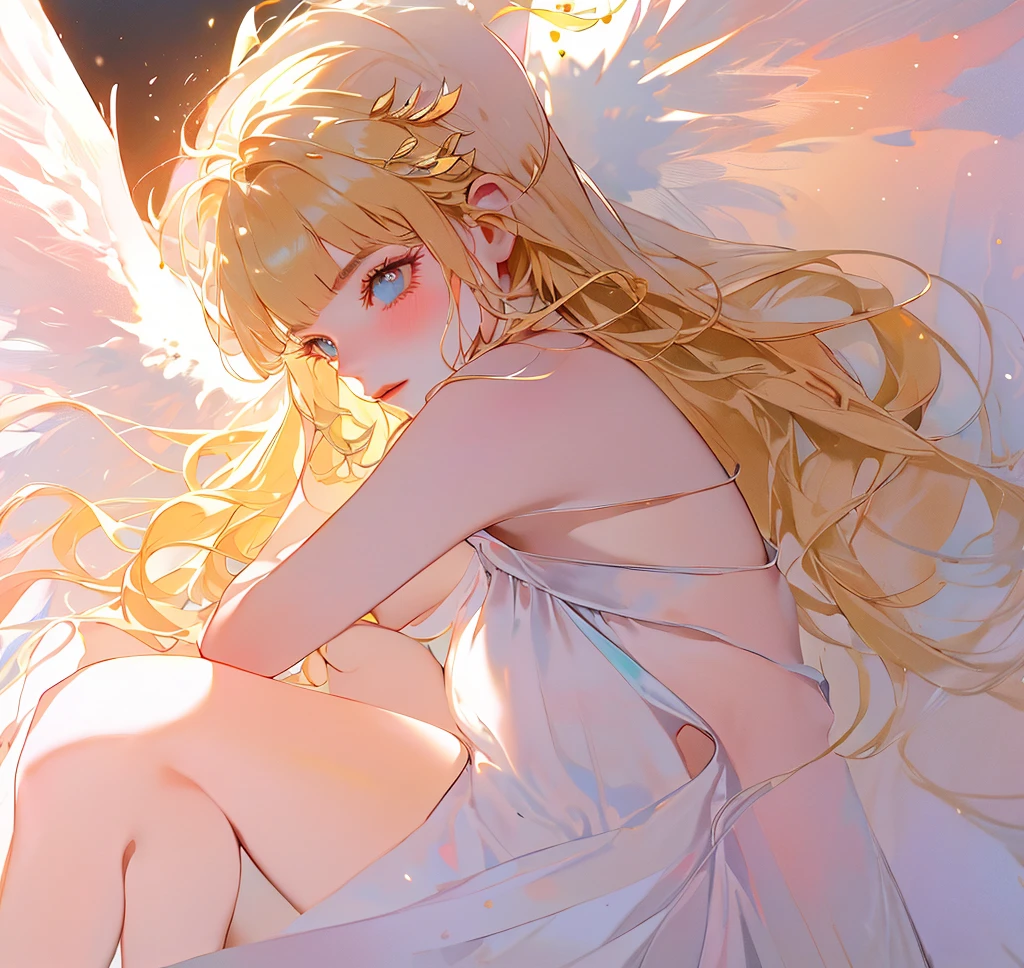 (High quality) (best quality) (A woman) (correct physiognomy) woman, long blonde hair with bangs on her forehead, four small angel wings emerge from her head, two on the left side and two on the right side, two wings of angel emerging from her back, a golden halo behind her head, golden eyes, sensitive lips, feminine appearance, soft facial features, thin eyebrows, soft skin, slightly blushed cheeks, pink lips, silky eyelashes, dreamy expression, middle age , white dress with straps on the shoulders, skirt cut diagonally leaving one leg exposed, location of the photo the woman must be in the middle of the forest, photo illuminated by sunlight, full body proportion, showing in the photo the body from head to torso