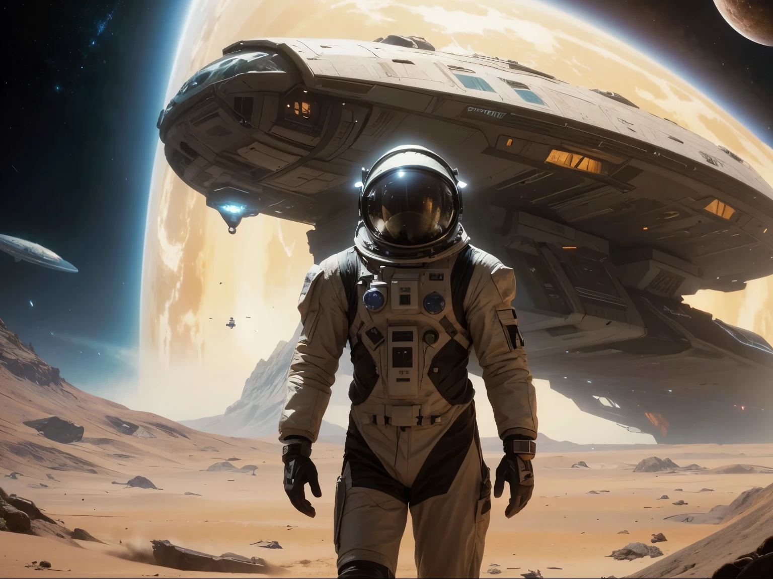 spaceship in the background with a man in a space suit standing in front of it, award winning scifi art, inspired by Craig Mullins, sci - fi illustrations, sci-fi illustrations, science fiction concept art, award-winning sci-fi, by Craig Mullins, sci fi artwork, sci-fi artwork, sci - fi artwork, science fiction art, beautiful sci fi art