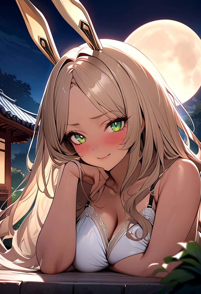 ((masterpiece)), ((best quality)), (ultra-detailed), ((extremely detailed)), 4K, (8K), best quality, (beautiful), A pretty woman with a dark skin, solo, (dark skin:0.8) ,beautiful light brown hair, light brown skin, beautiful green eyes, ((beautiful eyes)), triumphant look, smug look, self-satisfied look ,Masterpiece、White dress、Highest quality、brown Bunny ears、Tanned woman with big 、light brown hair color, forehead Long curlyWavy Hair、White shirt、Black Bra、Black panties、Hot spring inn、a bright moon shines over beautiful scenery of garden and river in night time, moon, architecture, tree, east asian architecture, full moon, scenery, night, cloud, sky、Lots of rabbits