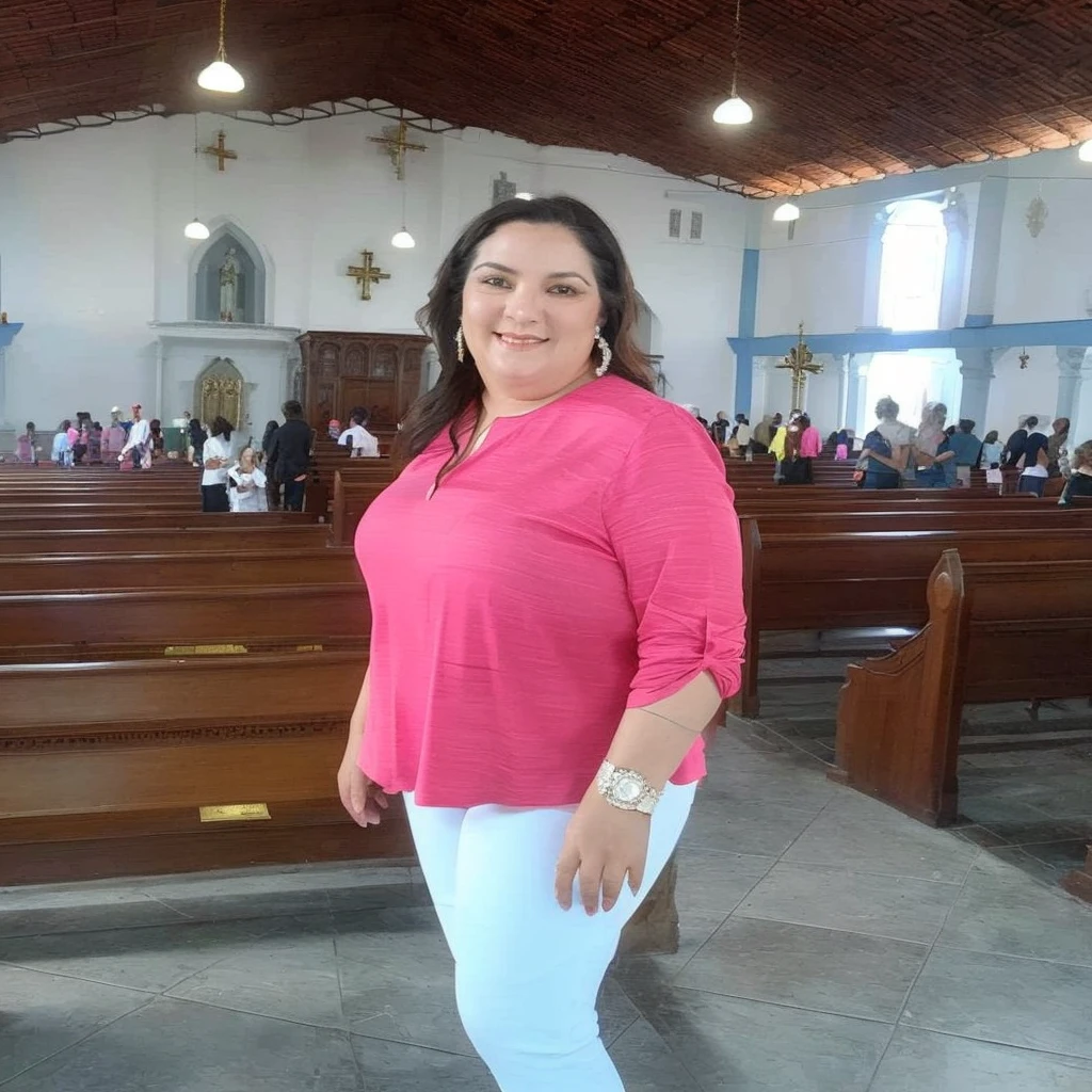 woman standing in a church with a pink shirt and white pants smiling, monserrate gudiol, pilar, Adriana Dxim, Mulher de 30 anos do Brasil, Alanis Guillen, Estefânia Villegas Burgos, lorena avarez, fernanda suarez, na Catedral vazia, powder Nándor Katona, surrounded by religious statues