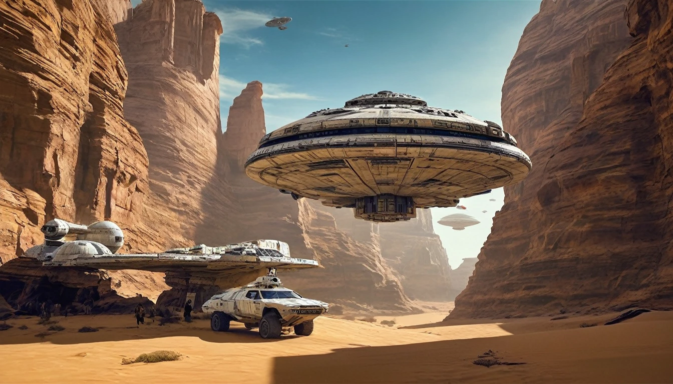 “In a desert landscape beneath a vast sky, towering rock formations rise. The iconic Star Wars Millennium Falcon flies overhead. In the foreground, a large, futuristic bus-like vehicle is parked on the sandy terrain. Saturn-like rings adorn the sky, adding a surreal touch. Include the ‘Star Wars,Camera angle: The camera is positioned at a slightly upward angle, capturing the grandeur of the rock formations and the vastness of the sky. Lighting: The sun is setting, creating warm, golden light that bathes the landscape. Shadows cast by the rocks are elongated. Millennium Falcon details: The Millennium Falcon is flying toward the horizon, with its rear thrusters emitting a characteristic blue glow. Details like laser cannons and the ship’s panels should be visible. Futuristic vehicle: The vehicle parked in the foreground has large windows and an aerodynamic design. It may have retractable wheels or float slightly above the ground. Saturn-like rings: The translucent rings resembling those of Saturn extend across the sky, creating a magical effect. Sand texture: The desert sand has a granulated texture, with small dunes formed by the wind.hyper realistic composition,32k resolution,cinematic composition,cinematic color grading.photography whit Phaseone 35mm.