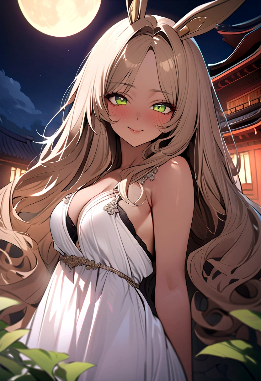 ((masterpiece)), ((best quality)), (ultra-detailed), ((extremely detailed)), 4K, (8K), best quality, (beautiful), A pretty woman with a dark skin, solo, (dark skin:0.8) ,beautiful light brown hair, light brown skin, beautiful green eyes, ((beautiful eyes)), triumphant look, smug look, self-satisfied look ,Masterpiece、White dress、Highest quality、brown Bunny ears、Tanned woman with big 、light brown hair color, forehead Long curlyWavy Hair、White shirt、Black Bra、Black panties、Hot spring inn、a bright moon shines over beautiful scenery of garden and river in night time, moon, architecture, tree, east asian architecture, full moon, scenery, night, cloud, sky、Lots of rabbits
