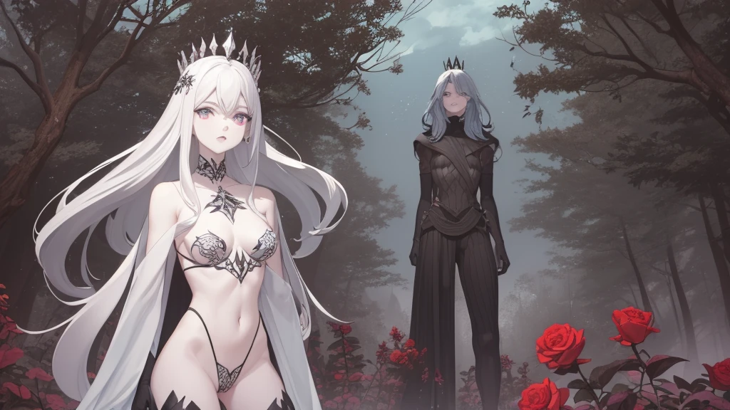 Pale skinned woman, cabelos negros e ondulados; olhos completamente negros, athletic and muscular body; vestindo armadura dourada, detalhes de pedra rubi vermelho escarlate, feita de serpentes, lobos e corvos no corpo; crown of bones with scarlet roses under the head; standing pose; in a putrefied landscape with corpses, destroyed dark, floresta em tons roxo, indigo, baby blue and cobalt, rosa pink;