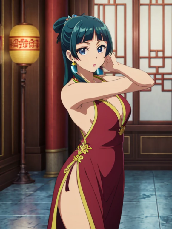 Top quality (8k, high resolution, masterpiece: 1.2), super detailed, anime art style, pose, teen style, (Chinese dress, exposed shoulders, earrings, indoor,), detailed green hair, detailed blue eyes, intricate hairstyle, long hair , slim body, sparkling eyes, youthful, hair accessories, earrings, half-updo, slightly dull bangs, detailed lighting, bright colors, looking at the viewer, in the center of the image, cowboy shot,