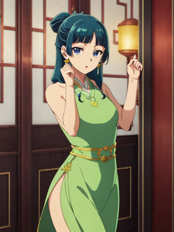 Top quality (8k, high resolution, masterpiece: 1.2), super detailed, anime art style, pose, teen style, (Chinese dress, exposed shoulders, earrings, indoor,), detailed green hair, detailed blue eyes, intricate hairstyle, long hair , slim body, sparkling eyes, youthful, hair accessories, earrings, half-updo, slightly dull bangs, detailed lighting, bright colors, looking at the viewer, in the center of the image, cowboy shot,