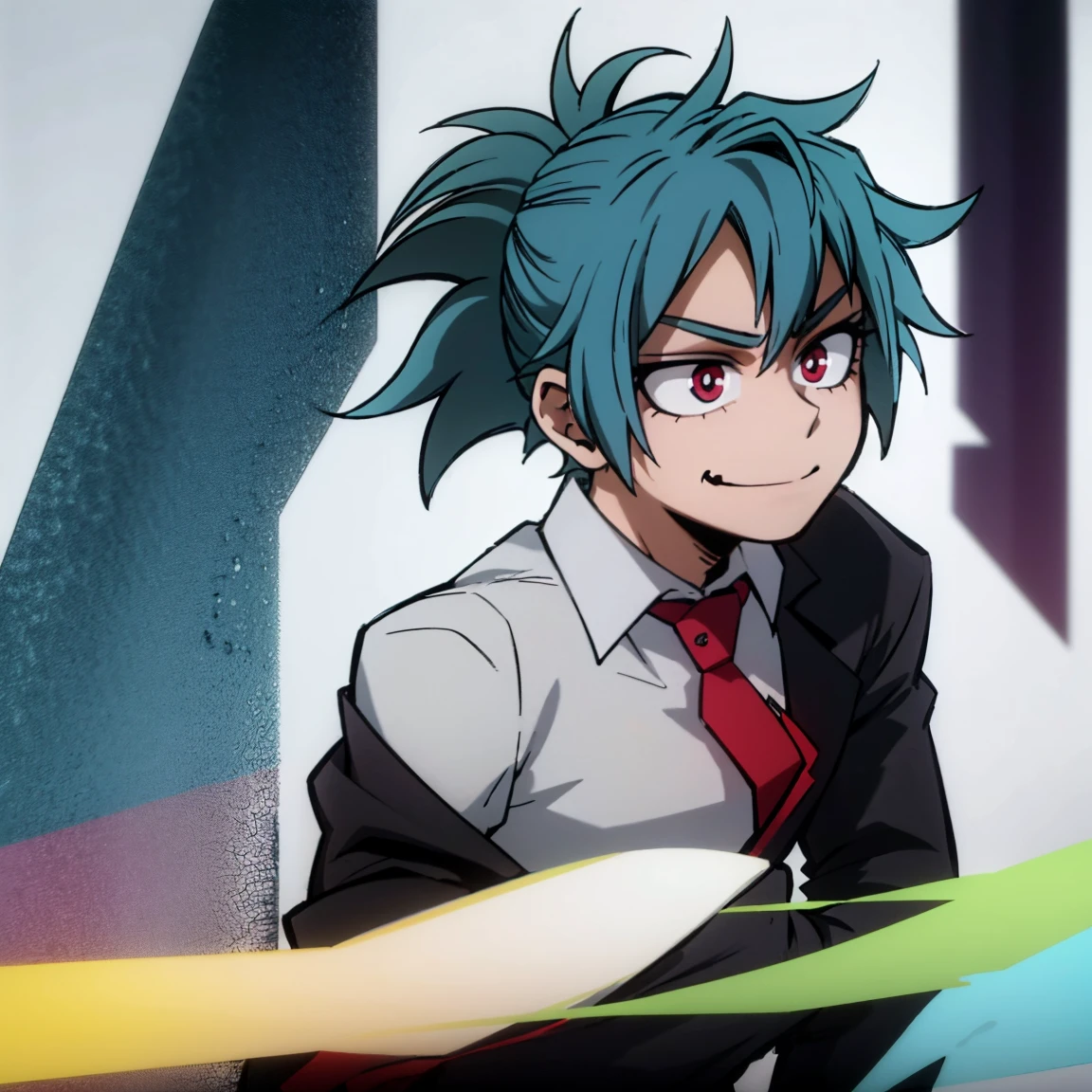1boy, male focus, boku no hero academia, masterpiece, best quality, very aesthetic, absurdres, spiky hair, blue hair, pink eyes, smirk, gray jacket, red tie, white shirt, teal pants, boots 