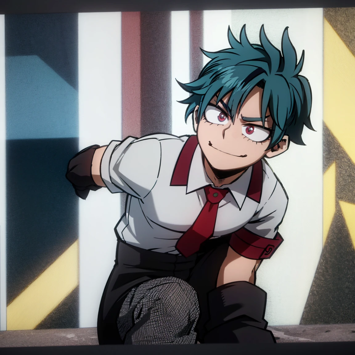 1boy, male focus, boku no hero academia, masterpiece, best quality, very aesthetic, absurdres, spiky hair, blue hair, pink eyes, smirk, gray jacket, red tie, white shirt, teal pants, boots