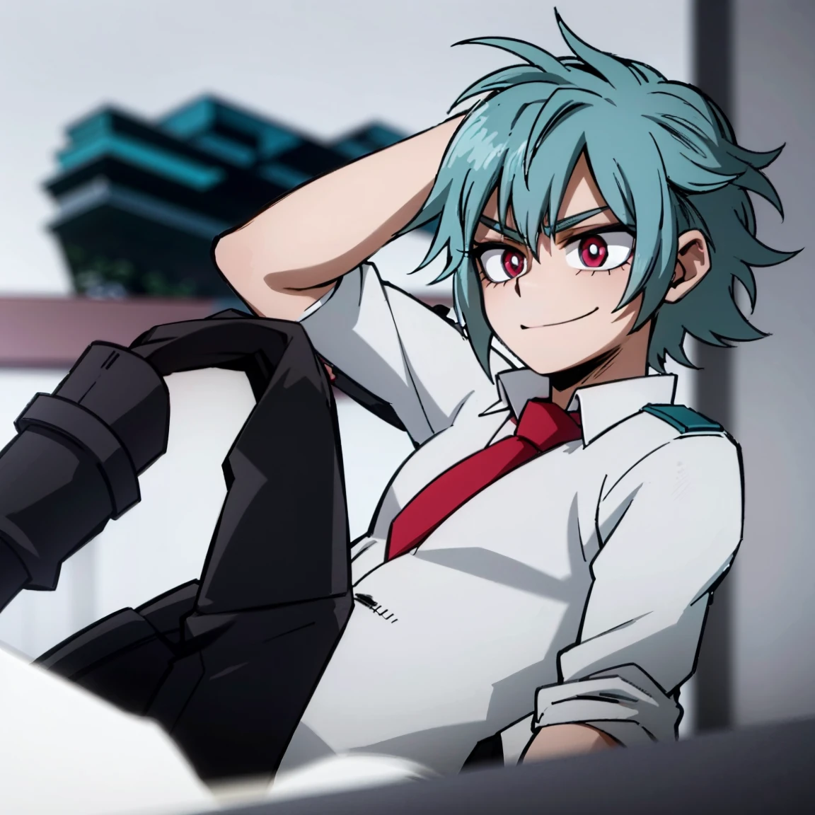 1boy, male focus, boku no hero academia, masterpiece, best quality, very aesthetic, absurdres, spiky hair, blue hair, pink eyes, smirk, gray jacket, red tie, white shirt, teal pants, boots