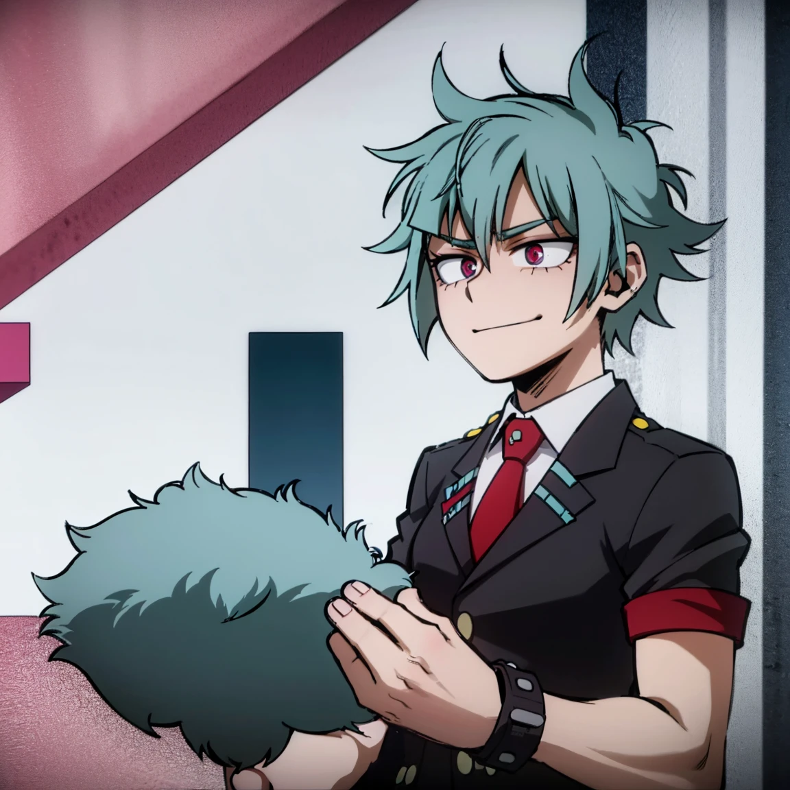 1boy, male focus, boku no hero academia, masterpiece, best quality, very aesthetic, absurdres, spiky hair, blue hair, pink eyes, smirk, gray jacket, red tie, white shirt, teal pants, boots