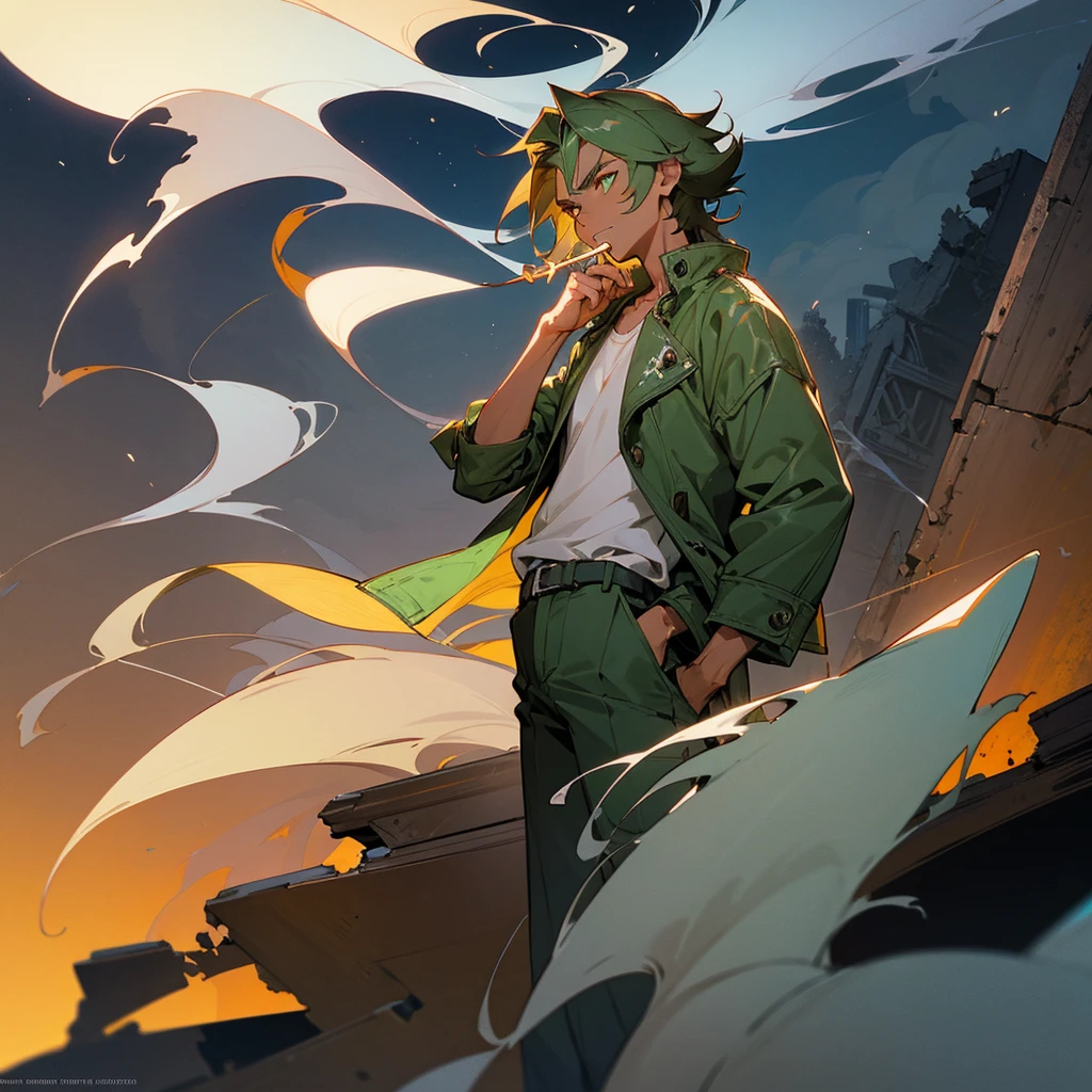 1male, adult, tan skin, finely detailed emerald eyes, straight medium hair, cobolt hair color, casual clothing, jacket, smoking, standing on ruined building, night time, serious expression