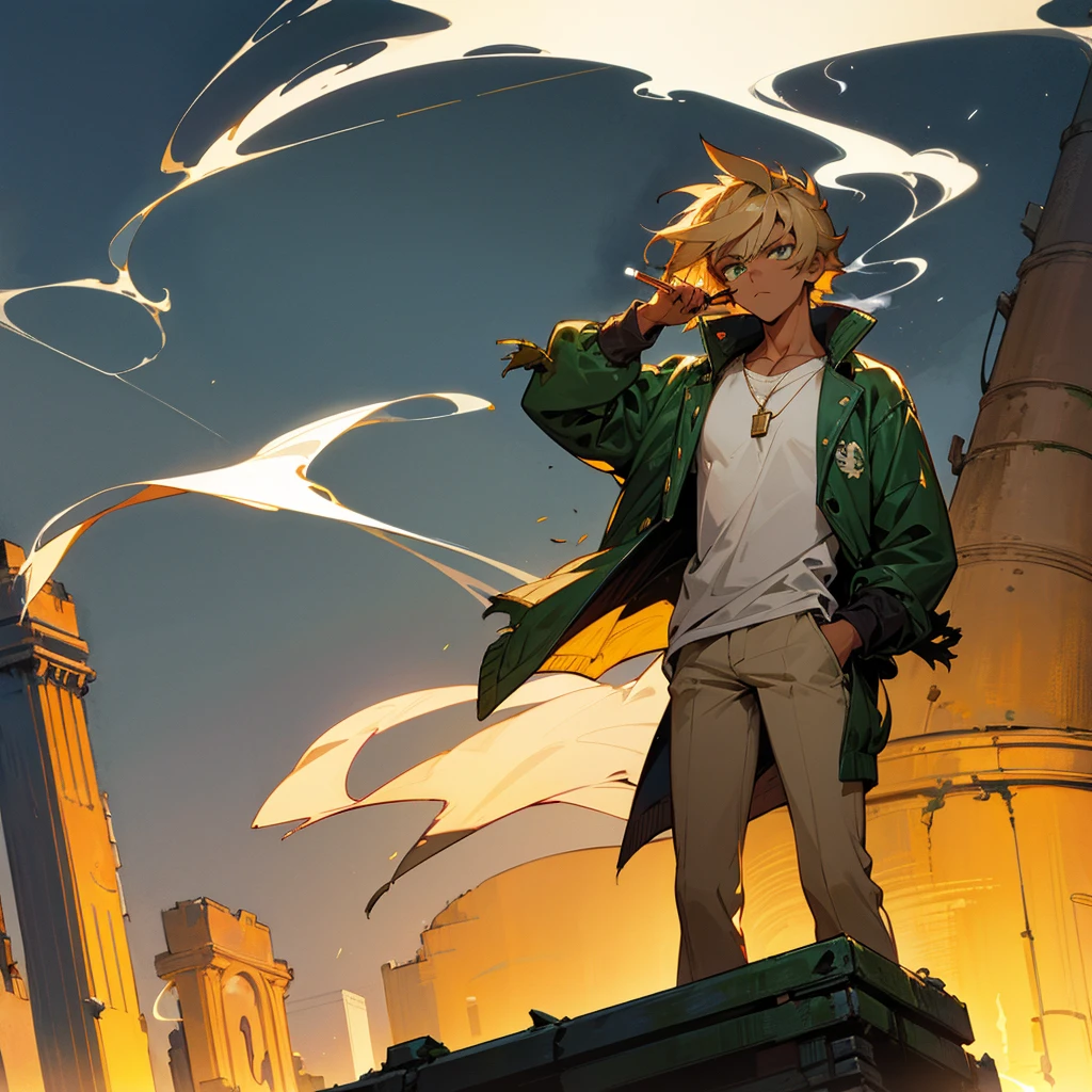 1male, adult, tan skin, finely detailed emerald eyes, straight medium hair, cobolt hair color, casual clothing, jacket, smoking, standing on ruined building, night time, serious expression