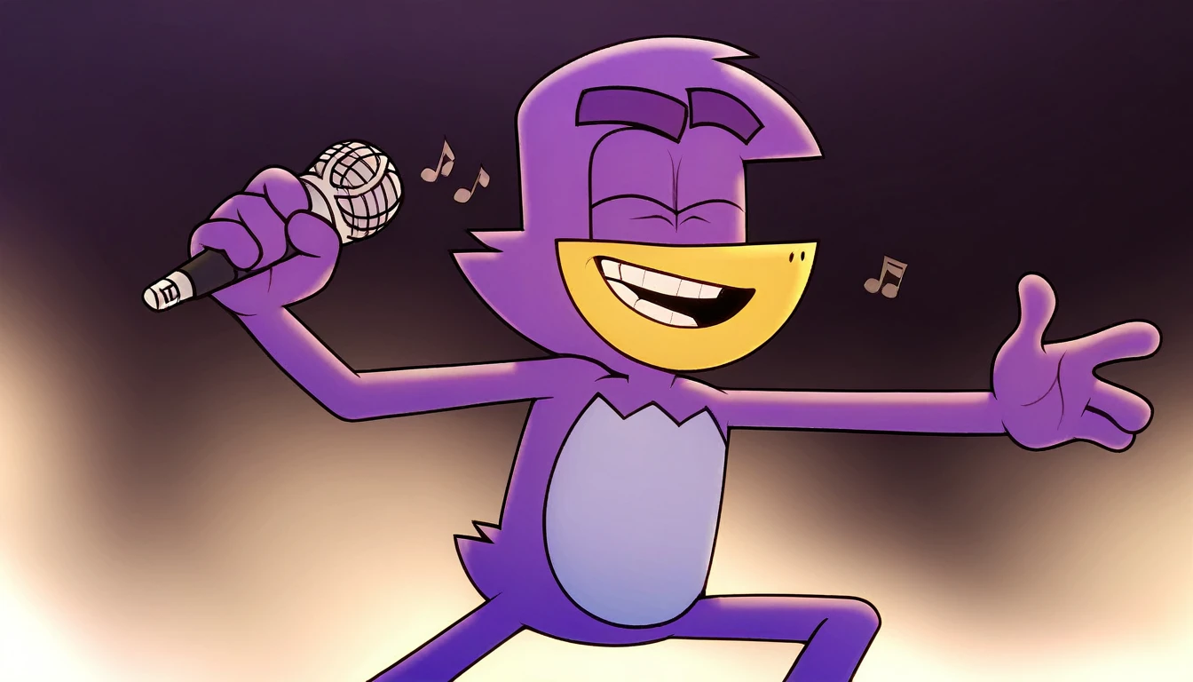 badmascot, solo, 1boy, holding, smile, smiling, singing, pokemon (creature), happy, microphone, mascot, full-size, dark background score_9, score_8_up, score_7_up, score_6_up, score_5_up, score_4_up