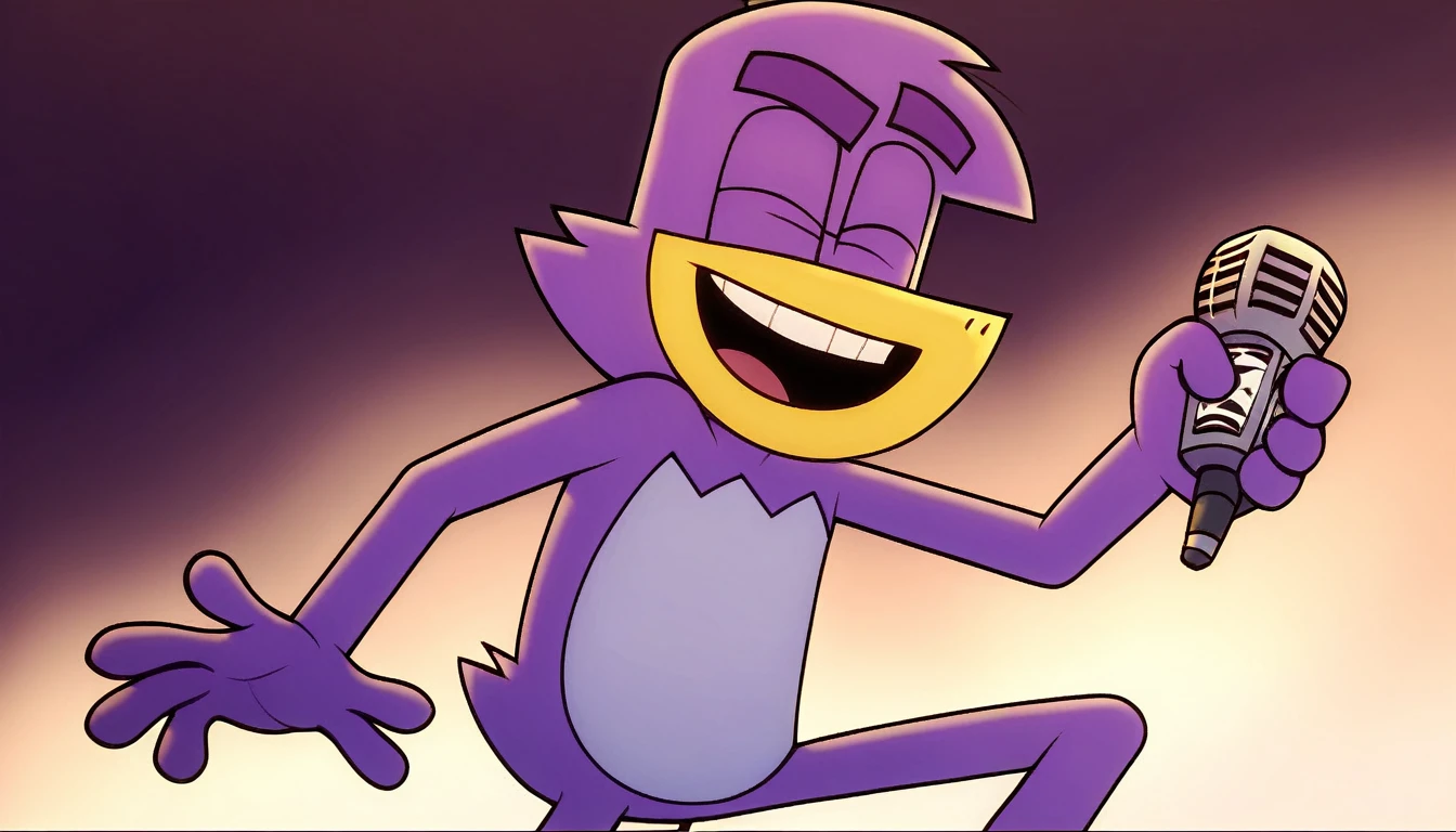 badmascot, solo, 1boy, holding, smile, smiling, singing, pokemon (creature), happy, microphone, mascot, full-size, dark background score_9, score_8_up, score_7_up, score_6_up, score_5_up, score_4_up