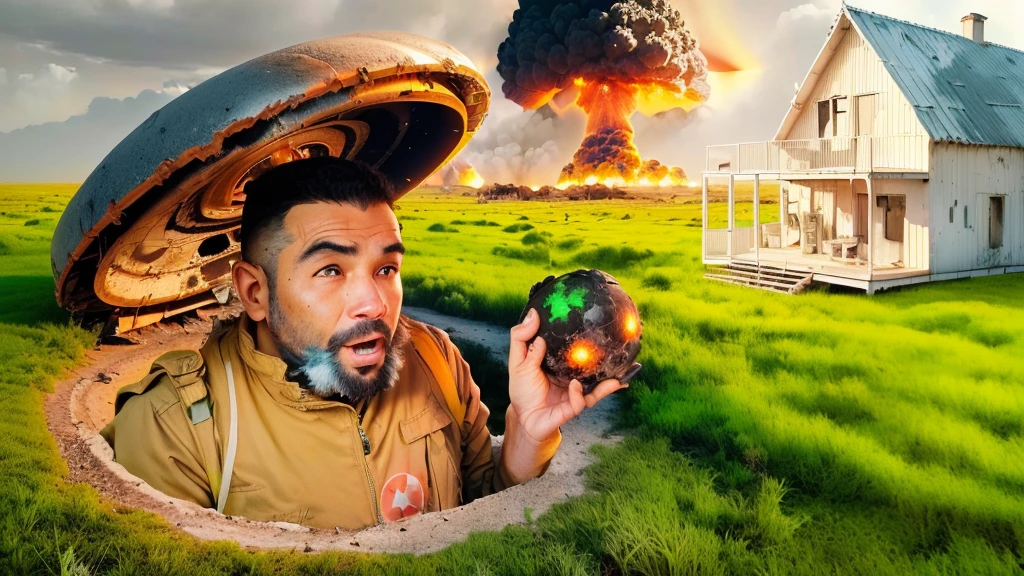 homem arafado em um buraco com um celular na frente de uma casa, in front of a Nuclear explosion, bomba nuclear blast, Nuclear explosion!!!, looks at the Nuclear explosion, bomba nuclear, bomba nuclear do fim do mundo, bomba nuclear caindo, segurando uma bomba, bomb explosion, apocalipse nuclear, bomba Nuclear explosion, post nuclear fallout, nuclear fallout, ataque nuclear, guerra nuclear