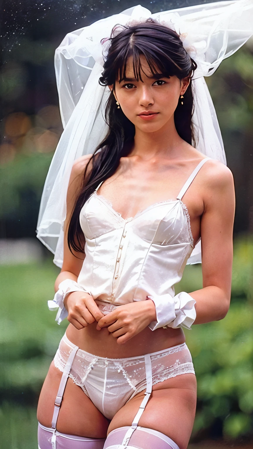 ((Tabletop:1.4, Highest quality)), (Realistic photos:1.4), ((1 Girl)), Shiny black hair, (超High resolution:1.2), Very delicate and beautiful, wonderful, Very detailed CG Unity 8k 壁紙, Very detailed, High resolution, Soft Light, Beautiful detailed girl, Very detailed目と顔, Beautiful and detailed nose, Beautiful and detailed, (White silk garter belt:1.4), Cinema Lighting, Perfect Anatomy, Slender body, Hard breasts, (Building the Night Sky), (Stars in the Sky:1.4), (The beauty of the Milky Way&#39;s light:1.4), (A beautiful form with an inorganic feel), Cowboy Shot, The legs stick out from the frame, Looking at the audience
