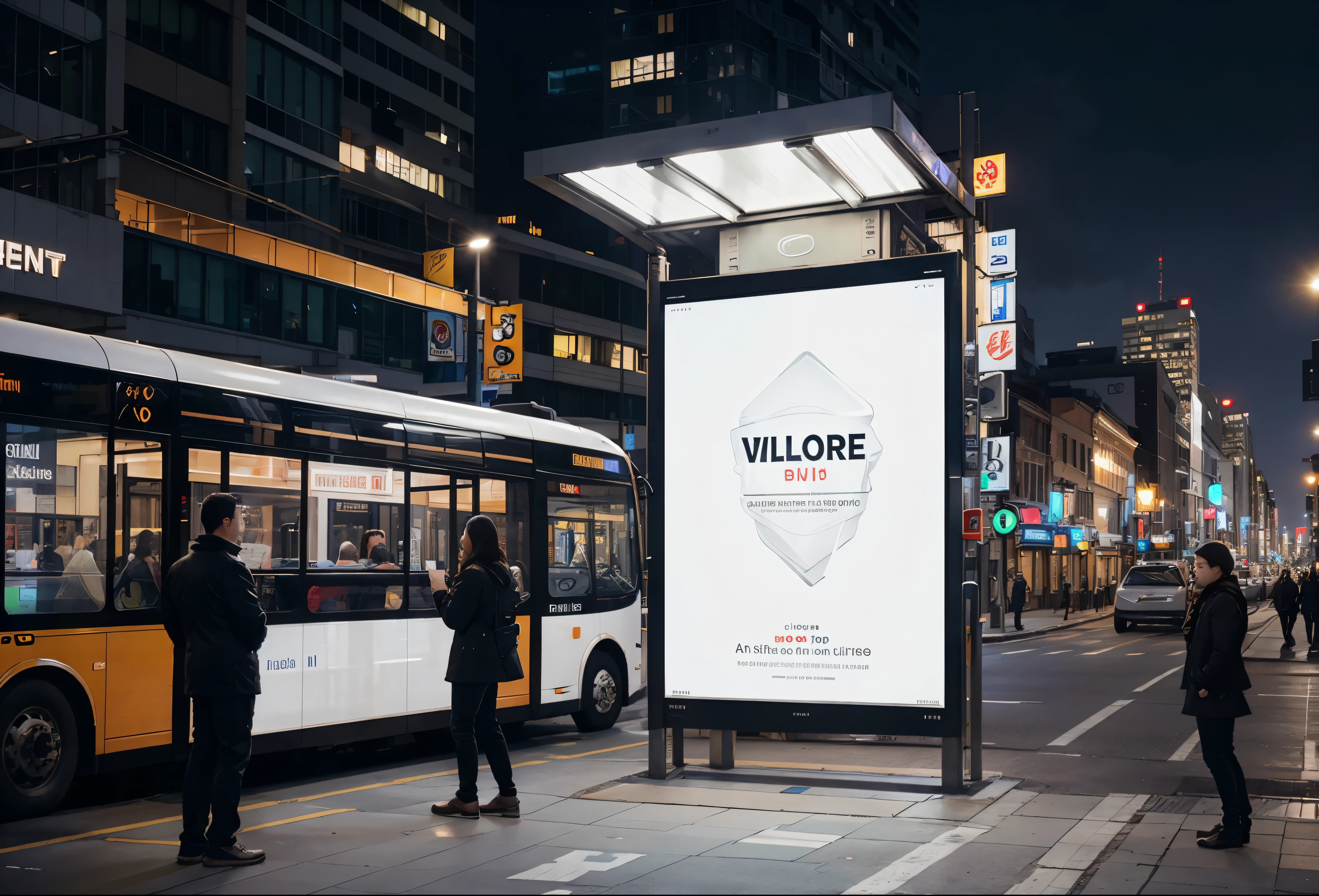 Blank white vertical digital billboard poster on city street bus stop sign at night, blurred urban background with skyscraper, people, mockup for advertisement, marketing