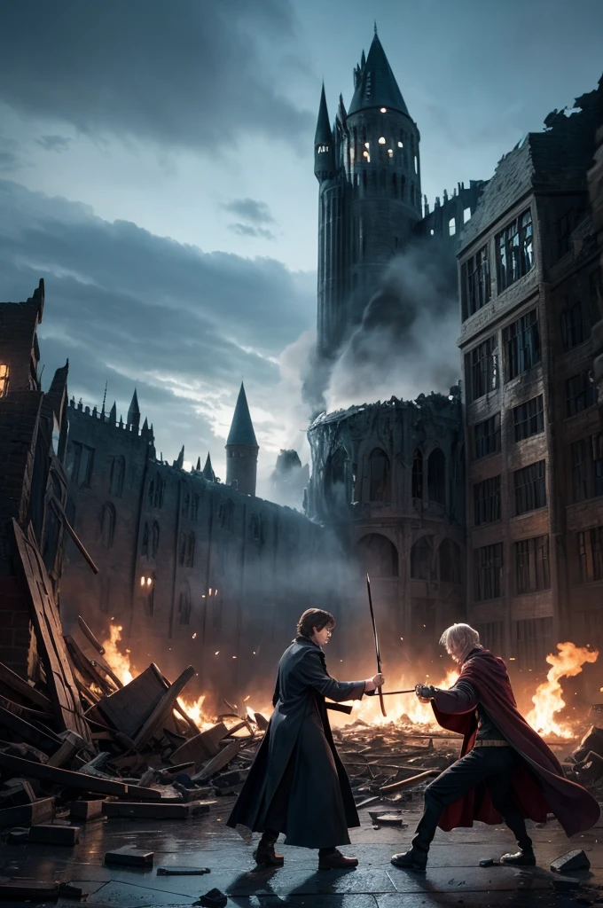 Harry Potter and Albus Dumbledore battling Lord Voldemort (spell duel) with the backdrop behind a destroyed Hogwarts